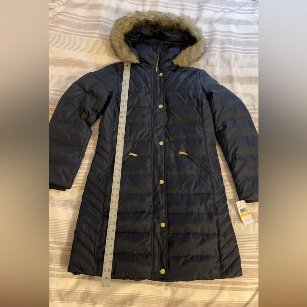 Michael Kors Navy Down Quilted Coat with Faux Fur Hood - Picture 2 of 16